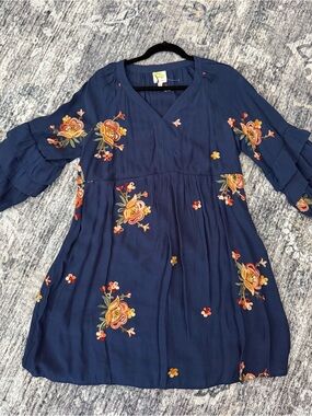 fig and flower Navy Floral Embroidered Tiered-Sleeve Casual Dress